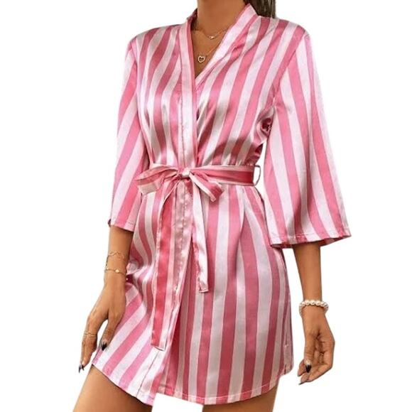 Striped Print Belted Satin Robe Size S - Picture 1 of 5